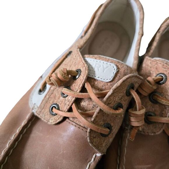 Sperry Boat Shoes‎ Women's Size 7.5M Brown White Linen Oat Lace Up Leather - Picture 3 of 5
